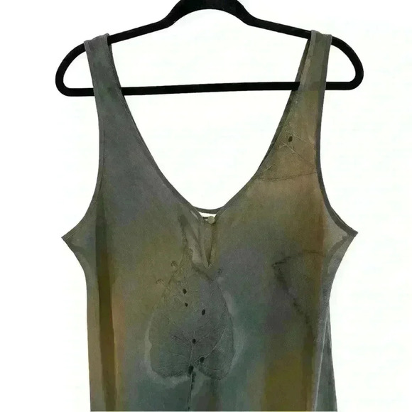 Gorgeous DIAMOND TEA Natural Leaf Print 90s Bias Cut Sheer Sleeveless Maxi Gown - Picture 2 of 7